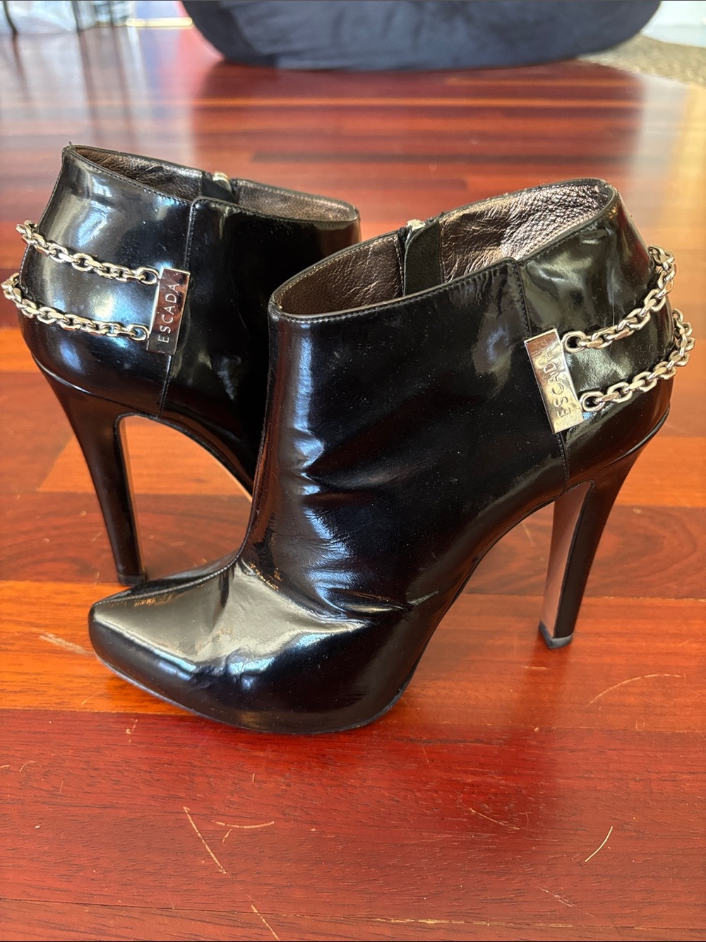 Escada Black Patent Leather Chain-Trim Ankle Booties